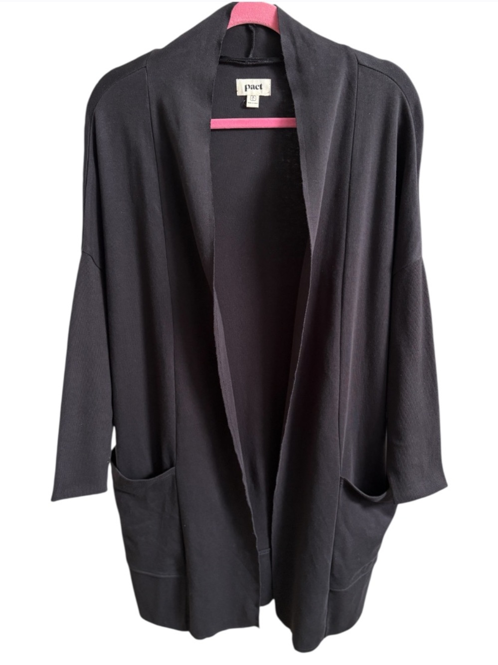 Pact Airplane Wrap Cardigan Sweater Size Medium/Large Black Open Front Longline